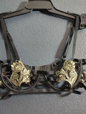 Victoria's Secret Very Sexy Black Strappy Bra with Gold Floral Appliqué